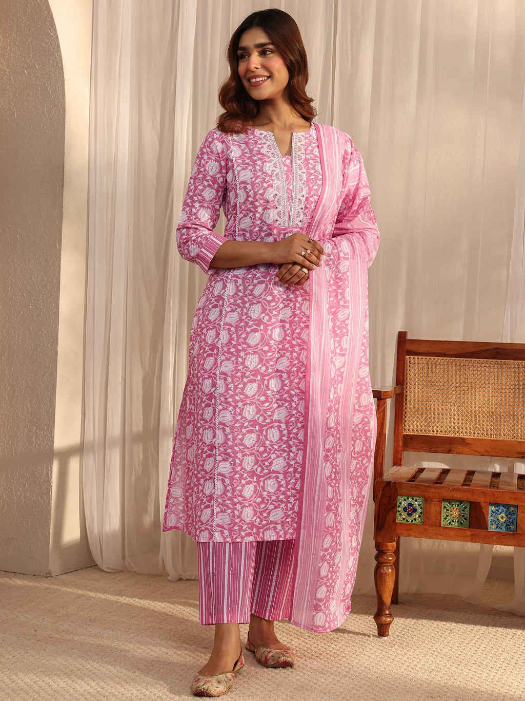 Gerua Pink Floral Printed Cotton Blend A-Line Suit Set With Dupatta