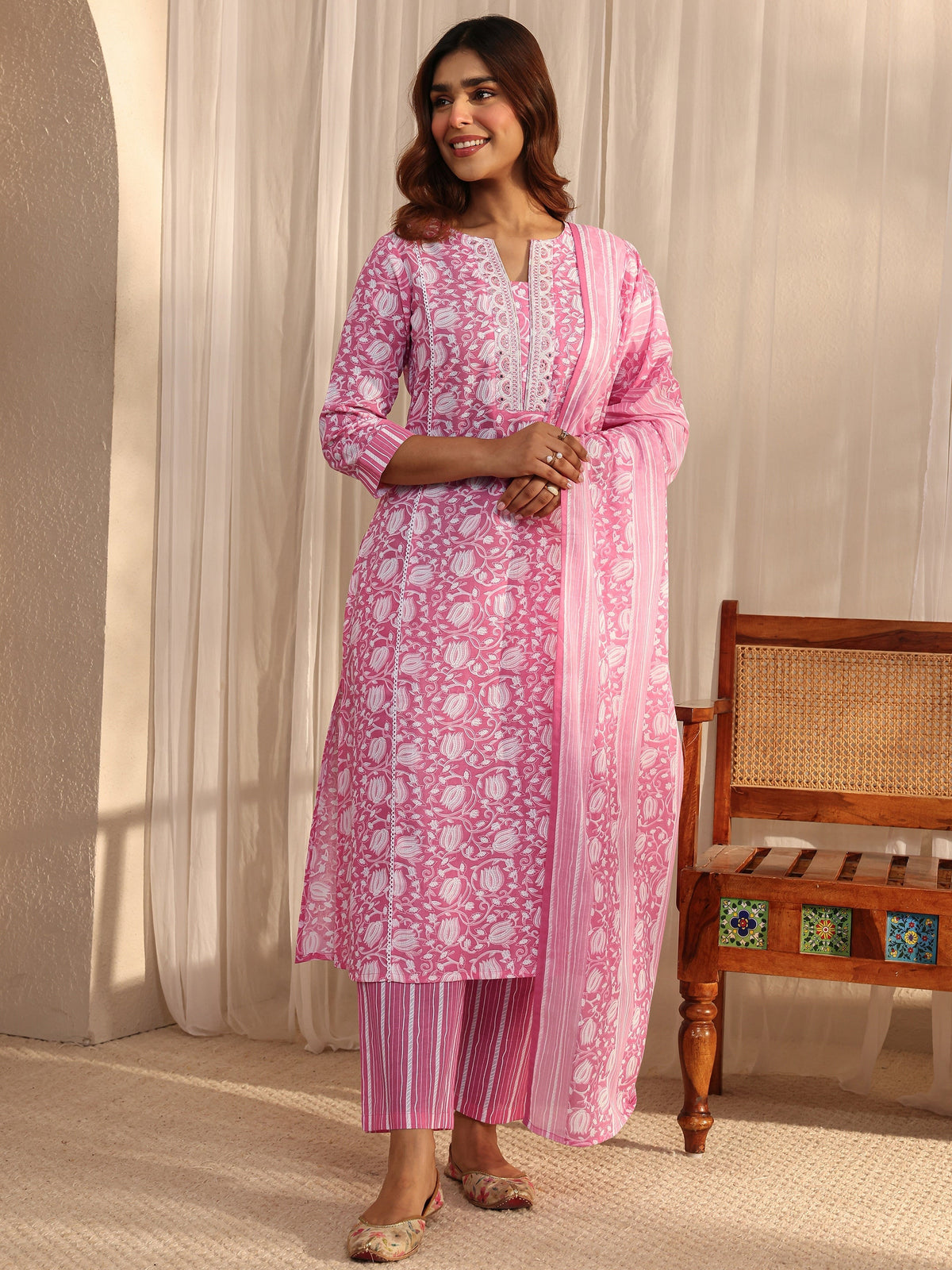 Gerua Pink Floral Printed Cotton Blend A-Line Suit Set With Dupatta