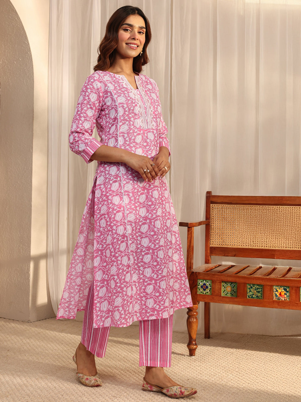 Gerua Pink Floral Printed Cotton Blend A-Line Suit Set With Dupatta