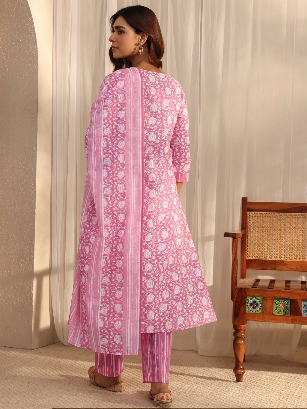 Gerua Pink Floral Printed Cotton Blend A-Line Suit Set With Dupatta