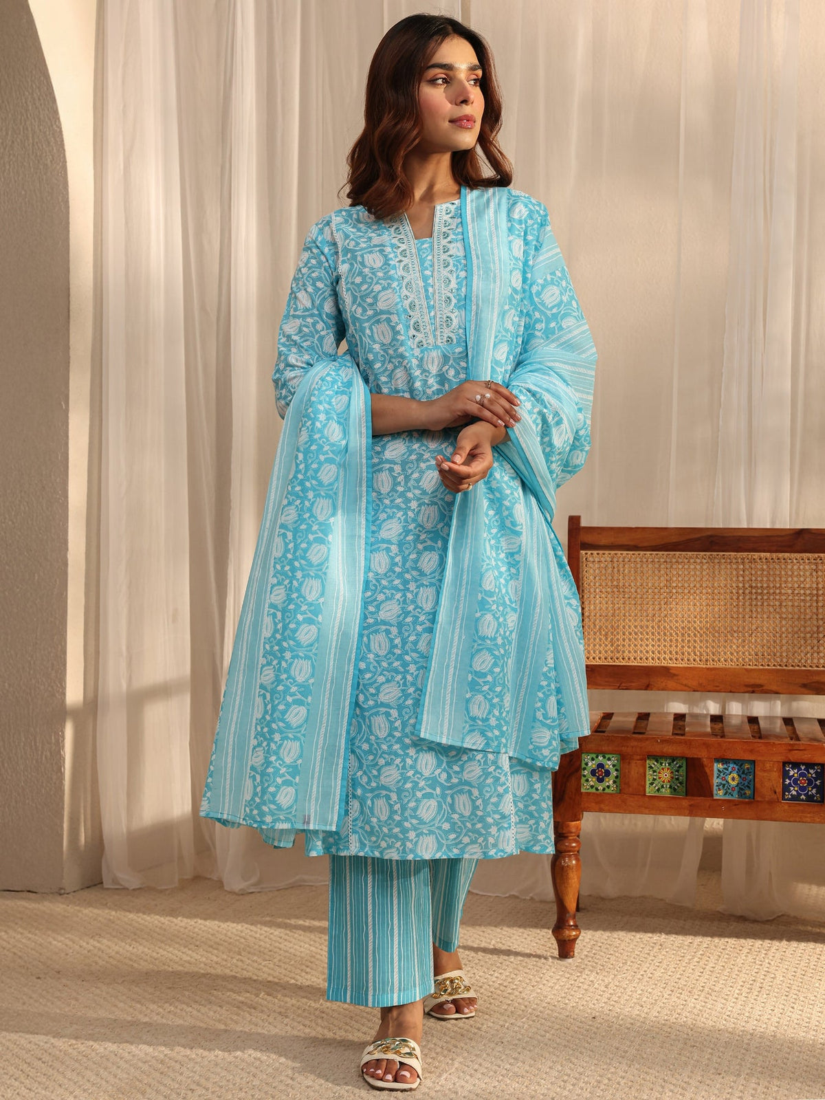 Gerua Blue Floral Printed A-Line Suit Set With Dupatta KS67