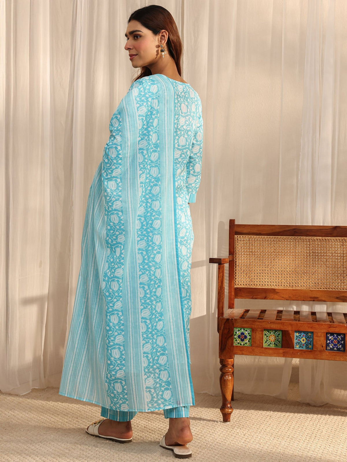 Gerua Blue Floral Printed A-Line Suit Set With Dupatta KS67