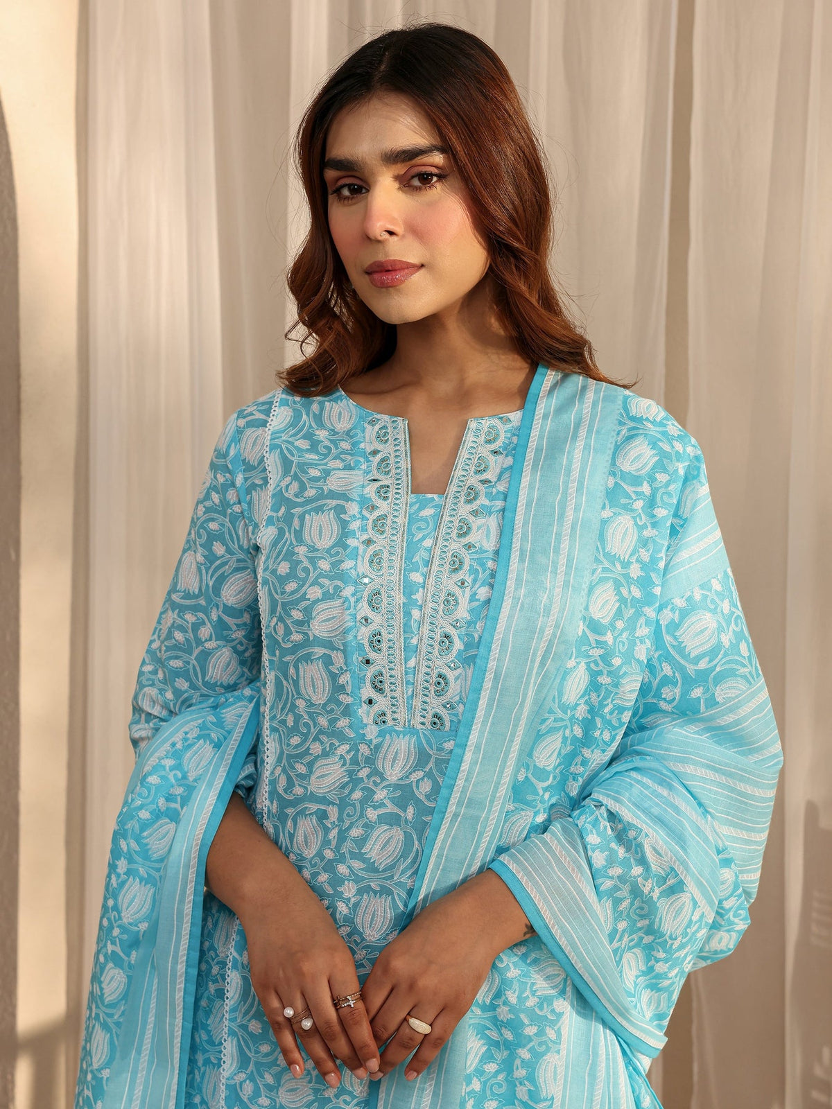 Gerua Blue Floral Printed A-Line Suit Set With Dupatta KS67