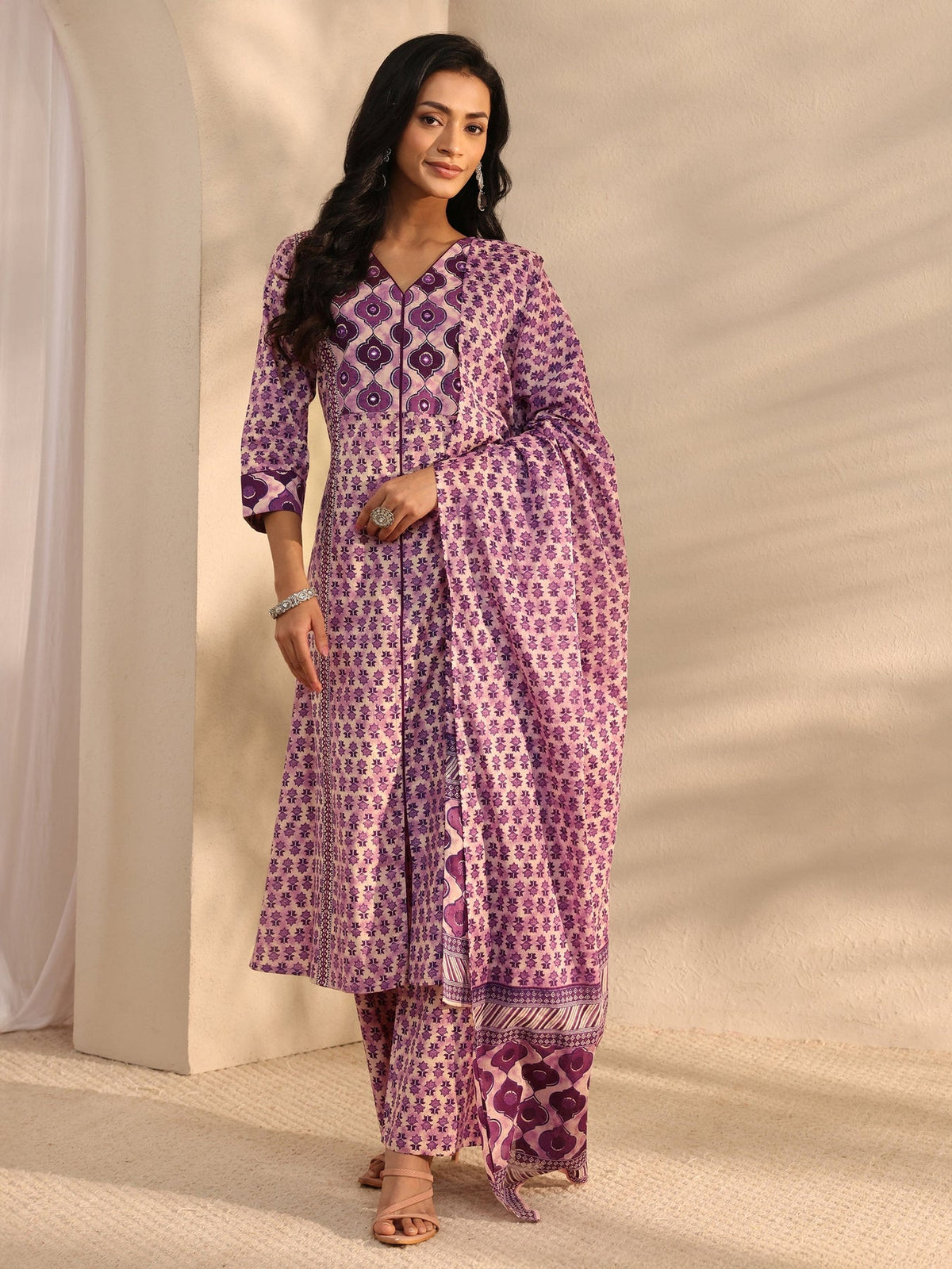 Libas Lavender Multi Printed Cotton Straight Suit Set With Dupatta KS67