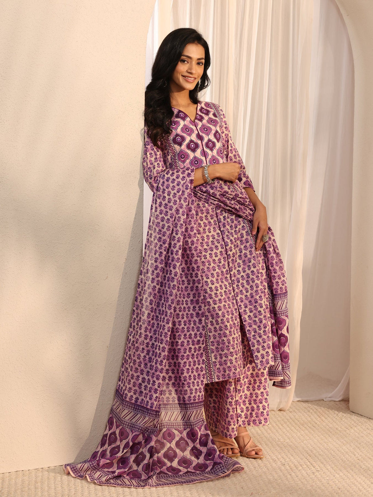 Libas Lavender Multi Printed Cotton Straight Suit Set With Dupatta KS67