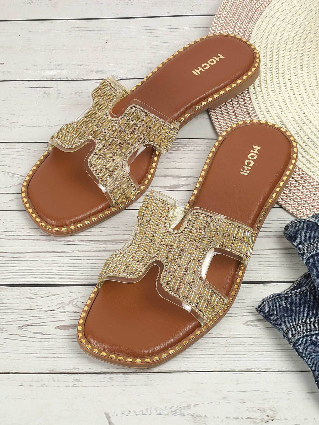 Womens Gold Open Casual Flats | F61 - view 1
