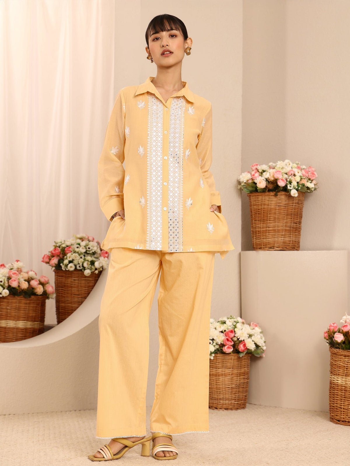 Libas Yellow Floral Embroidered Chanderi Silk Co-Ord Set CO87