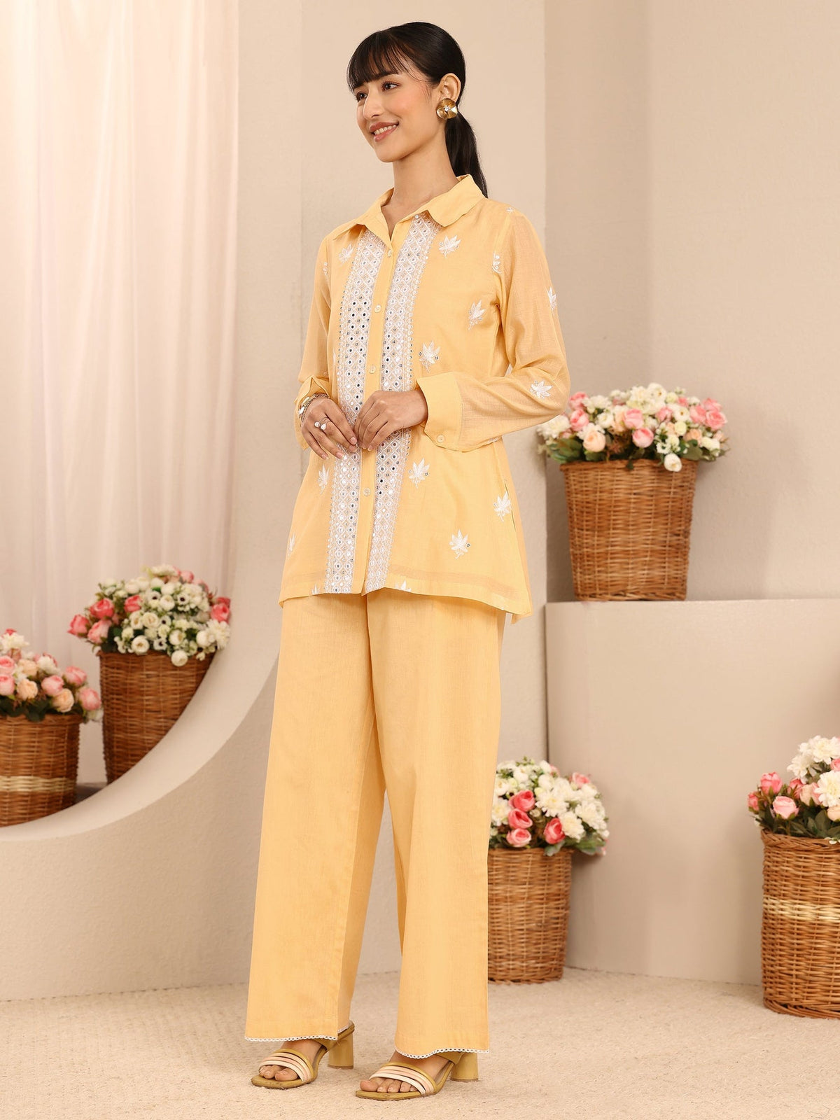 Libas Yellow Floral Embroidered Chanderi Silk Co-Ord Set CO87