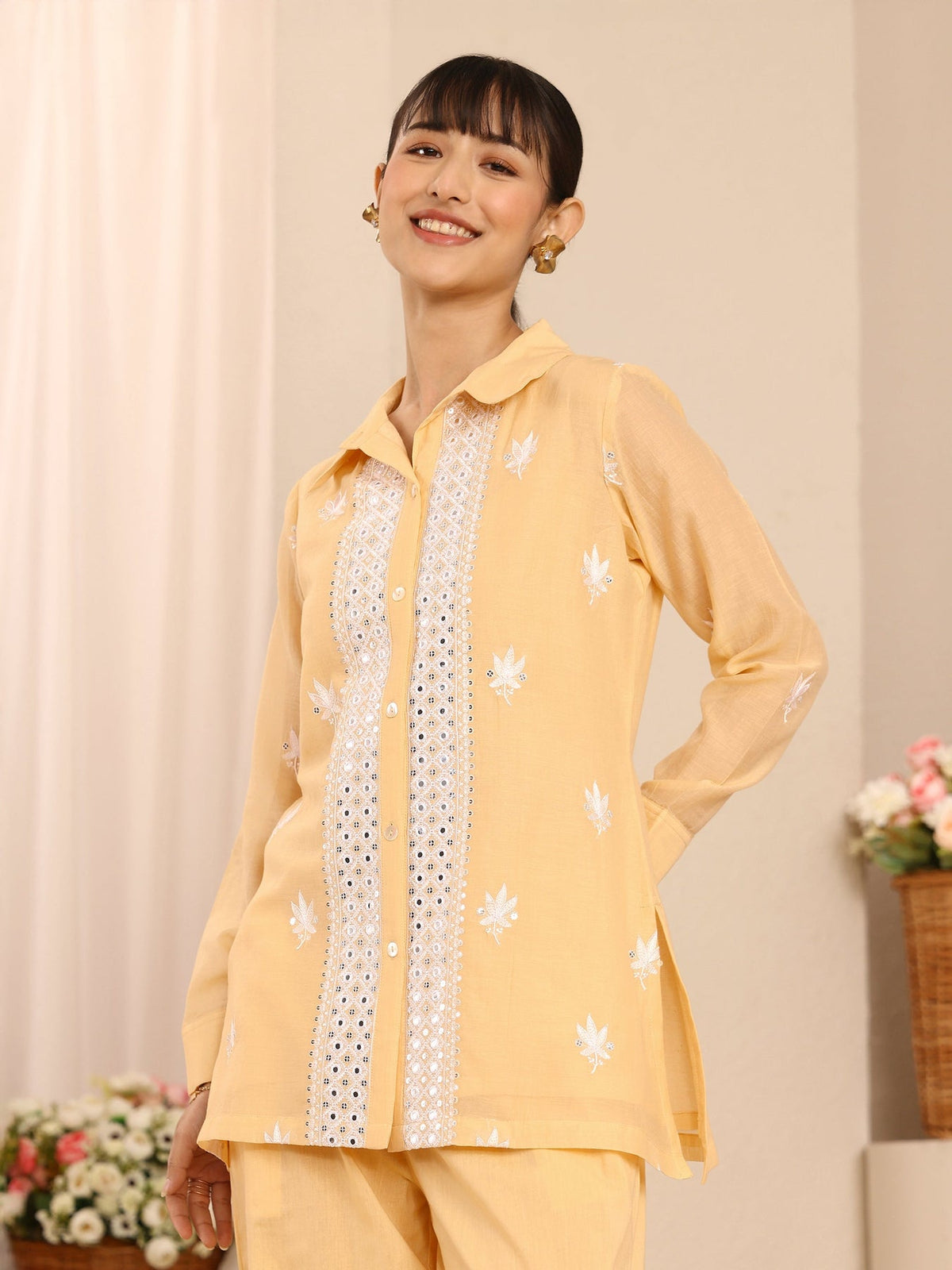 Libas Yellow Floral Embroidered Chanderi Silk Co-Ord Set CO87