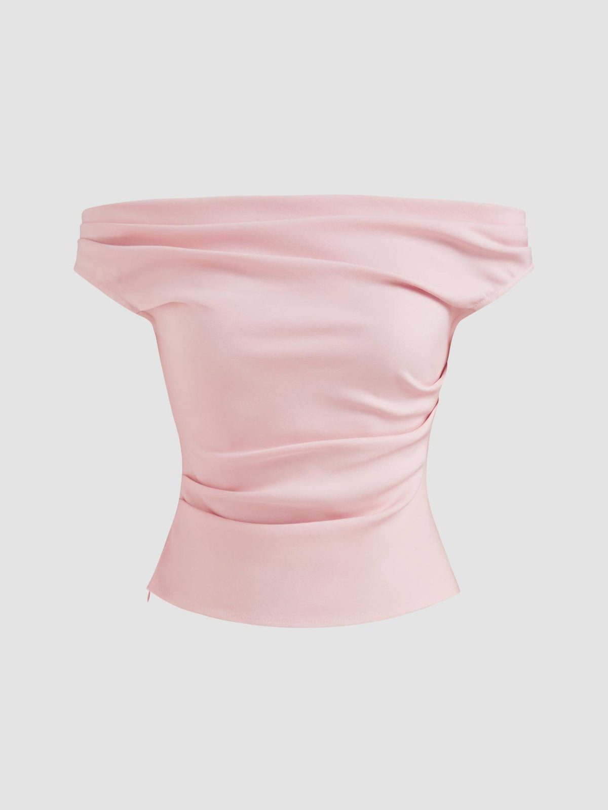 Pink Off Shoulder Ruched Zipper Crop Top | CT61 - view 7