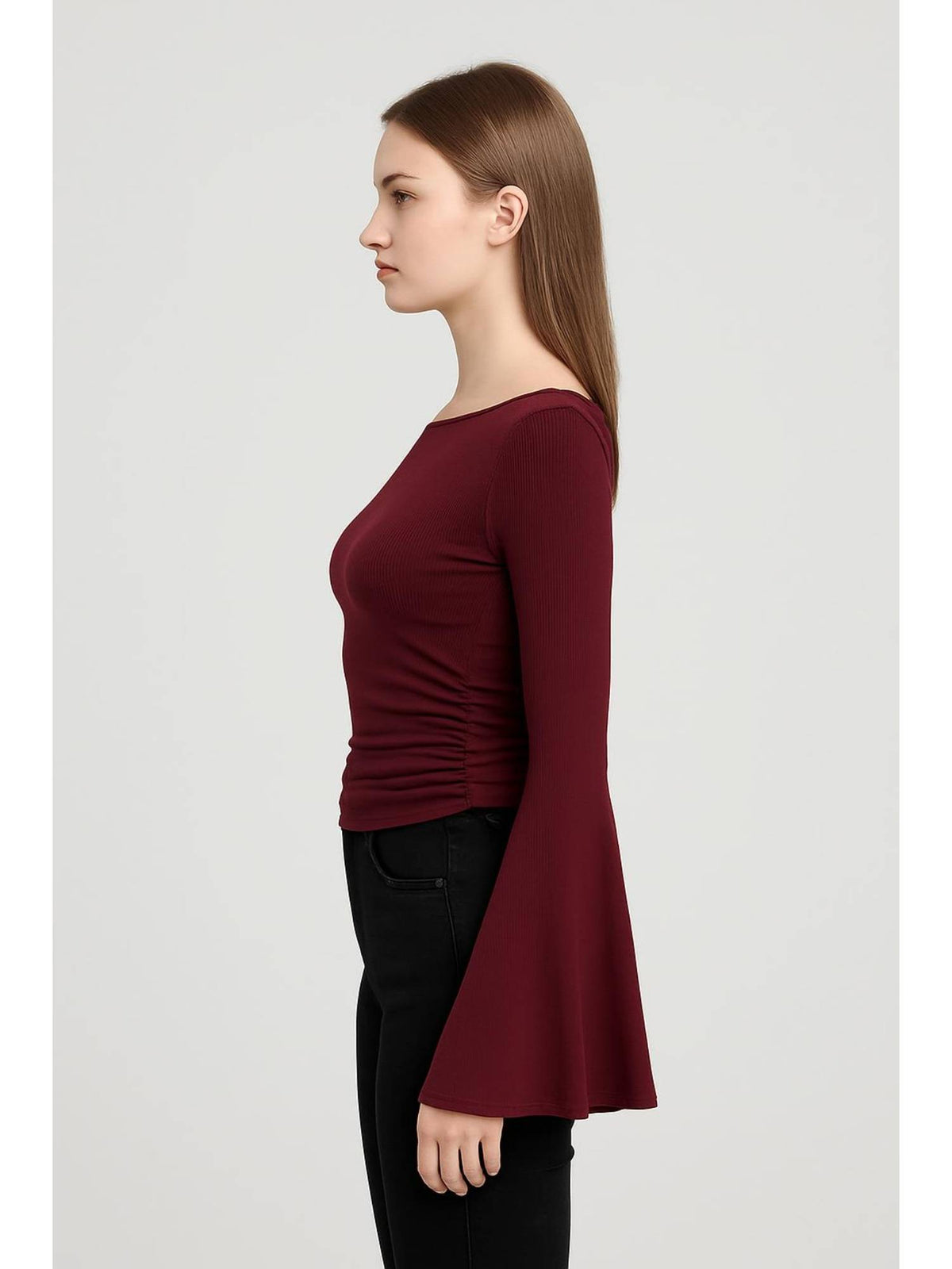 Boat Neck Solid Ruched Long Sleeve Tee | TS56 - view 2