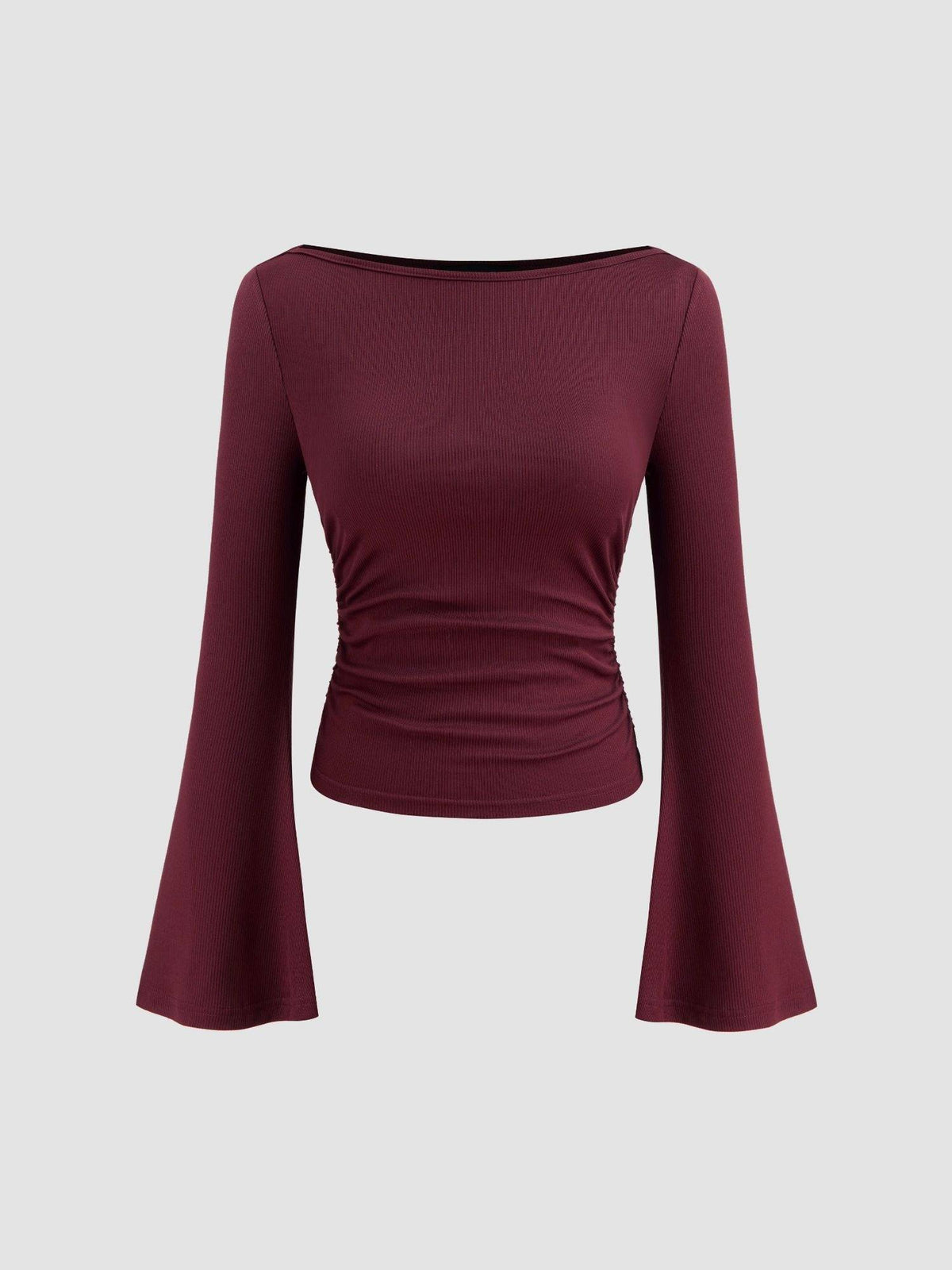 Boat Neck Solid Ruched Long Sleeve Tee | TS56 - view 3