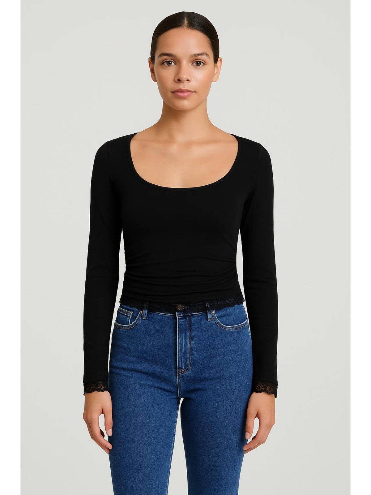 Square Neck Solid Lace Trim Ruched Long Sleeve Tee | TS56 - view 7