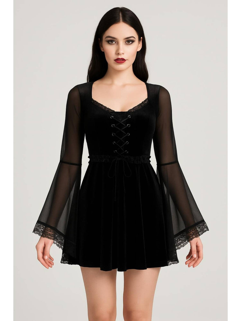 Velvet Square Neck Solid Lace Up Bell Sleeve Mini Dress | D56 - view 1