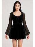 Velvet Square Neck Solid Lace Up Bell Sleeve Mini Dress | D56 - view 1