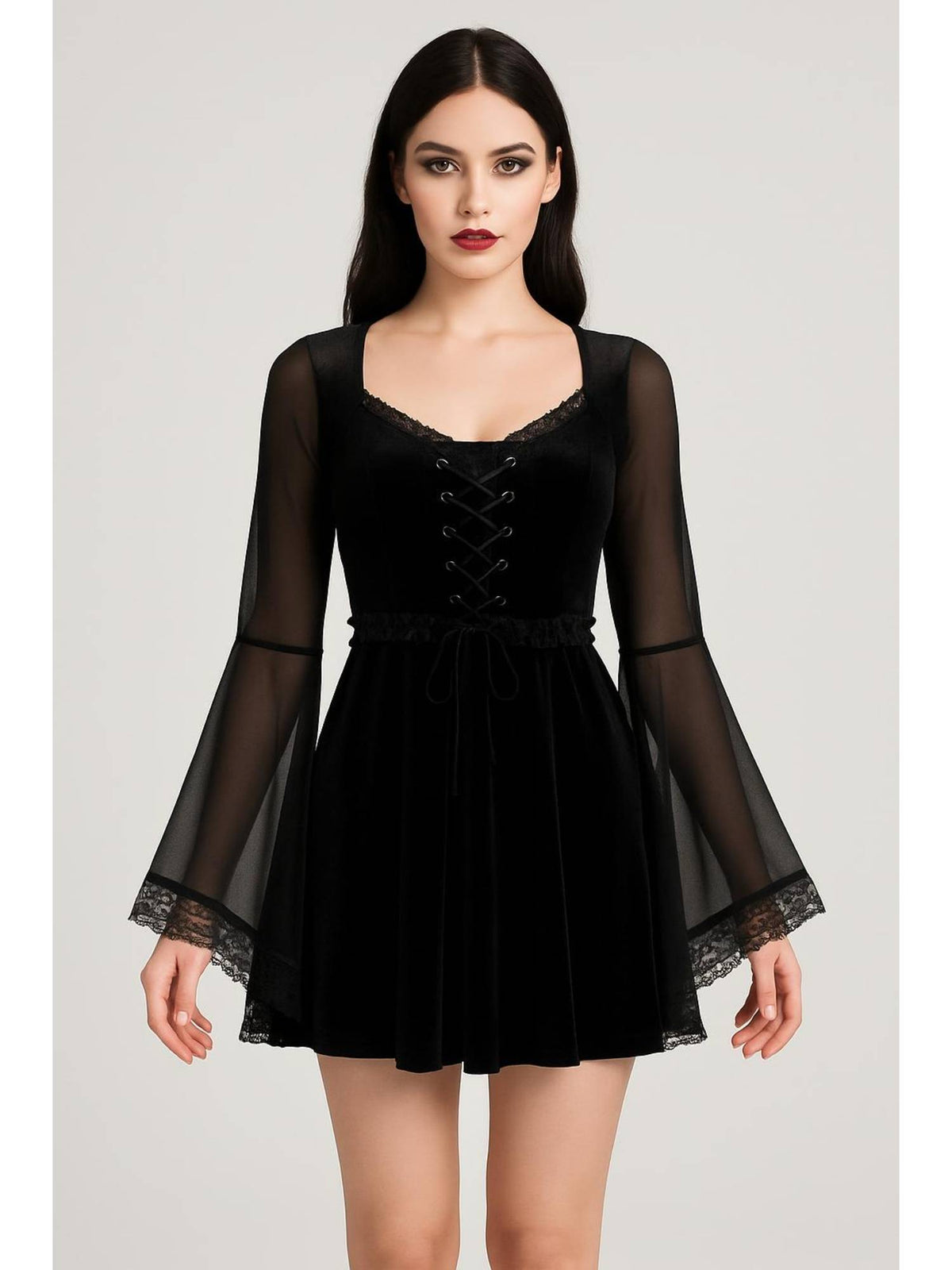 Velvet Square Neck Solid Lace Up Bell Sleeve Mini Dress | D56 - view 1