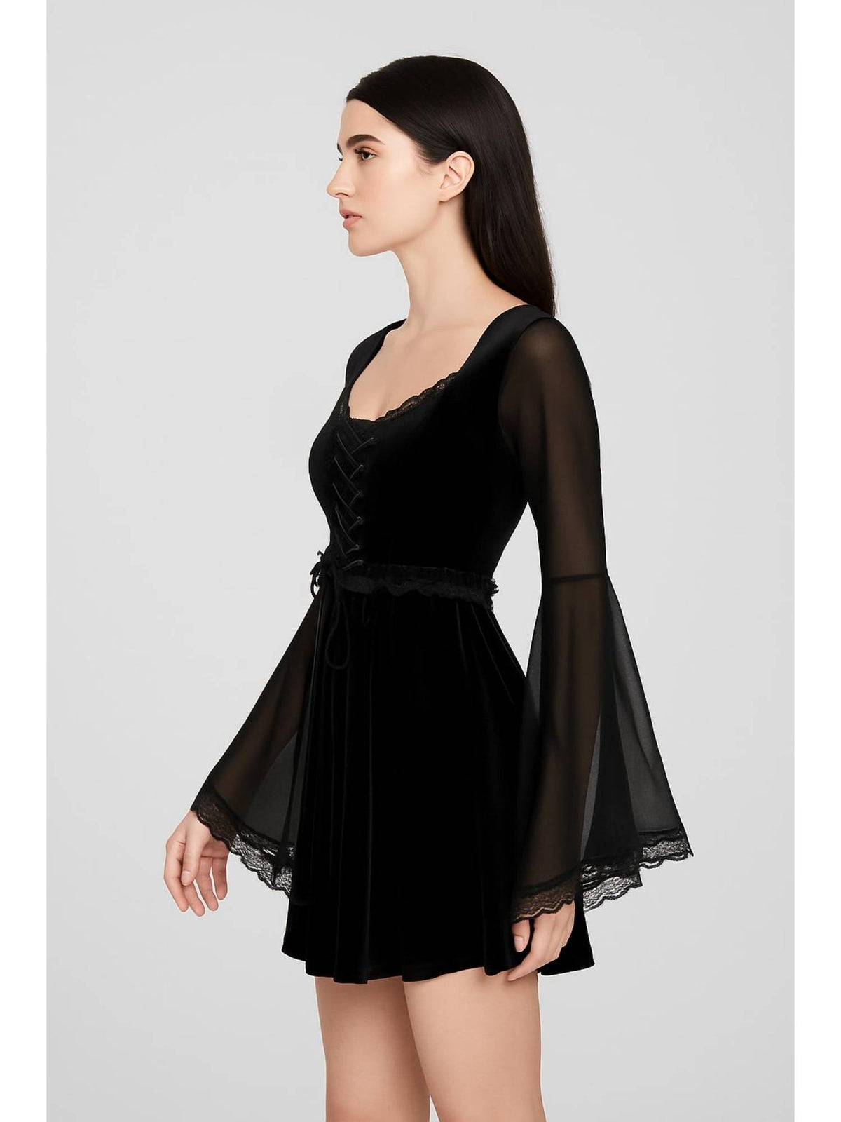 Velvet Square Neck Solid Lace Up Bell Sleeve Mini Dress | D56 - view 2