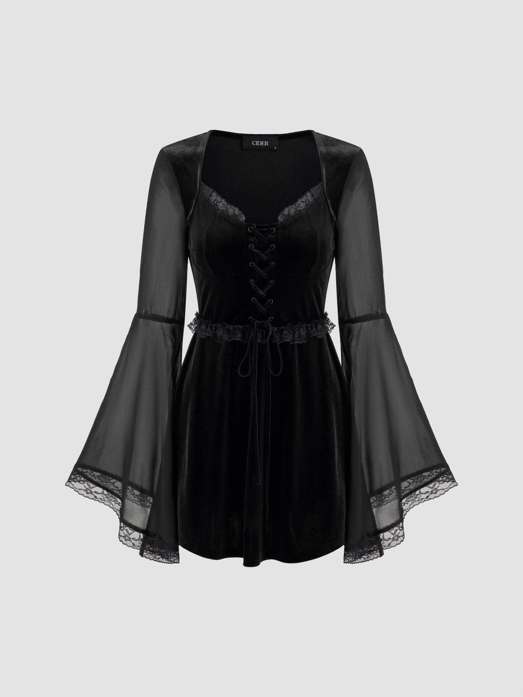 Velvet Square Neck Solid Lace Up Bell Sleeve Mini Dress | D56 - view 3