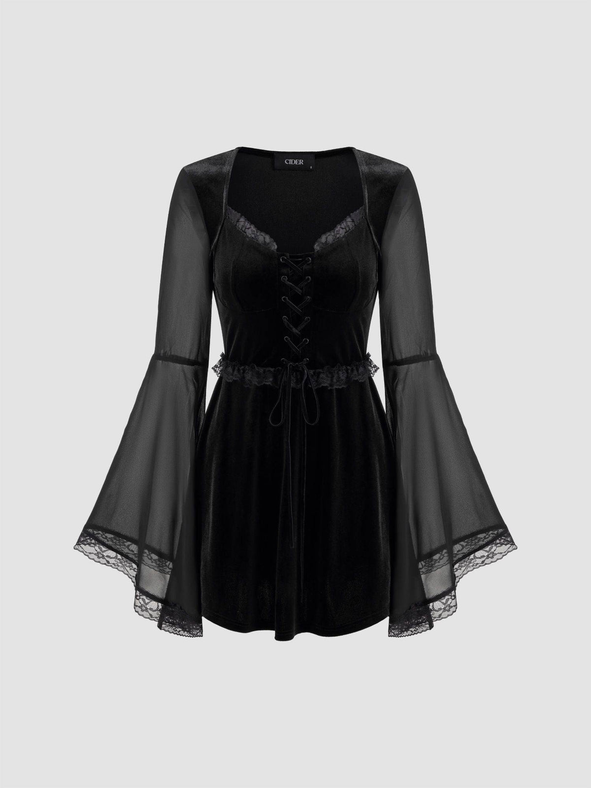 Velvet Square Neck Solid Lace Up Bell Sleeve Mini Dress | D56 - view 3