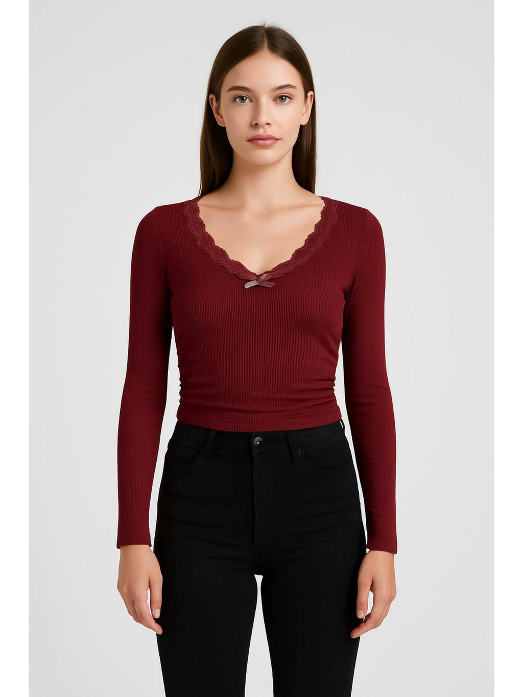 V-neck Solid Bowknot Lace Ruched Long Sleeve Crop Top | CT61 - view 1