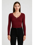 V-neck Solid Bowknot Lace Ruched Long Sleeve Crop Top | CT61 - view 1