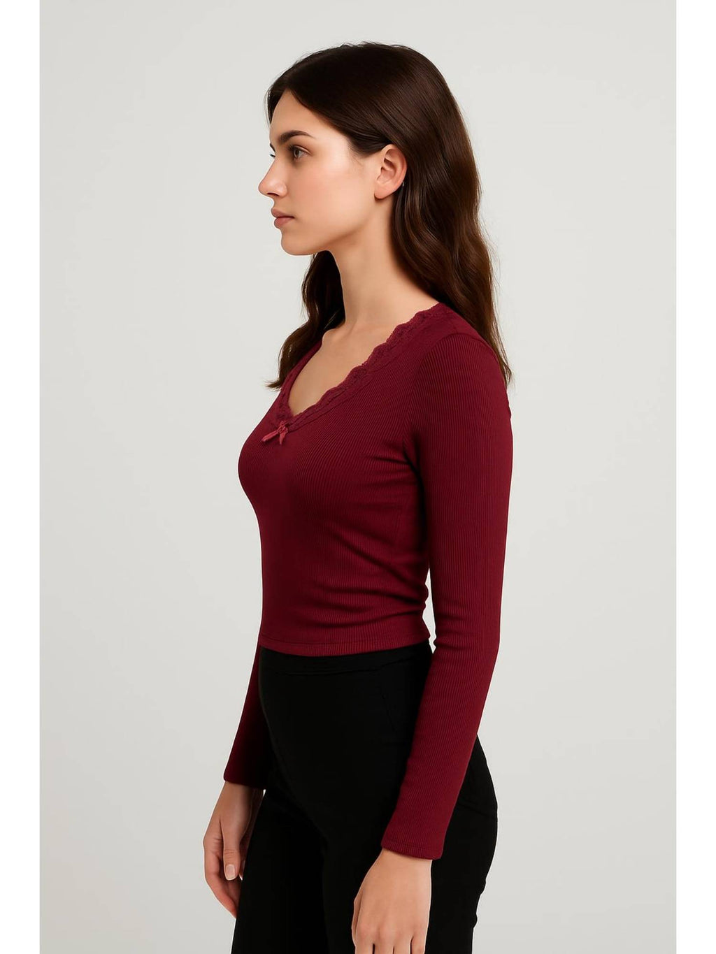 V-neck Solid Bowknot Lace Ruched Long Sleeve Crop Top | CT61 - view 2