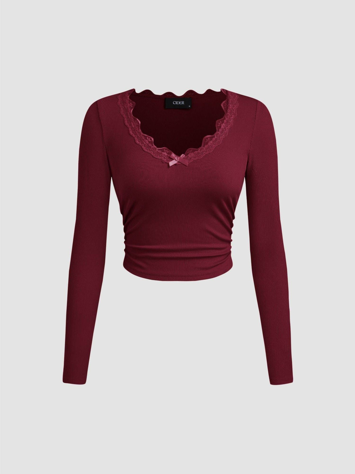 V-neck Solid Bowknot Lace Ruched Long Sleeve Crop Top | CT61 - view 3