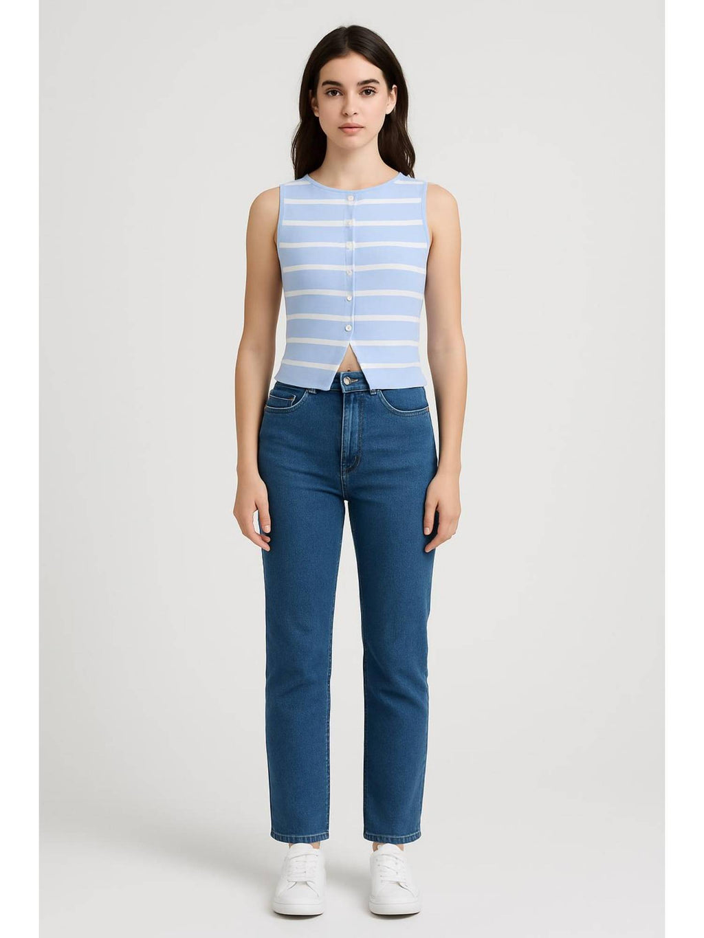 Knit Boat Neck Striped Button Split Vest | JC78 - view 18