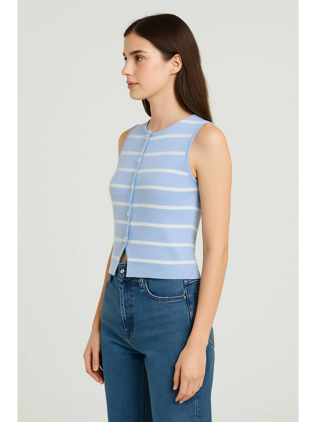 Knit Boat Neck Striped Button Split Vest | JC78 - view 19