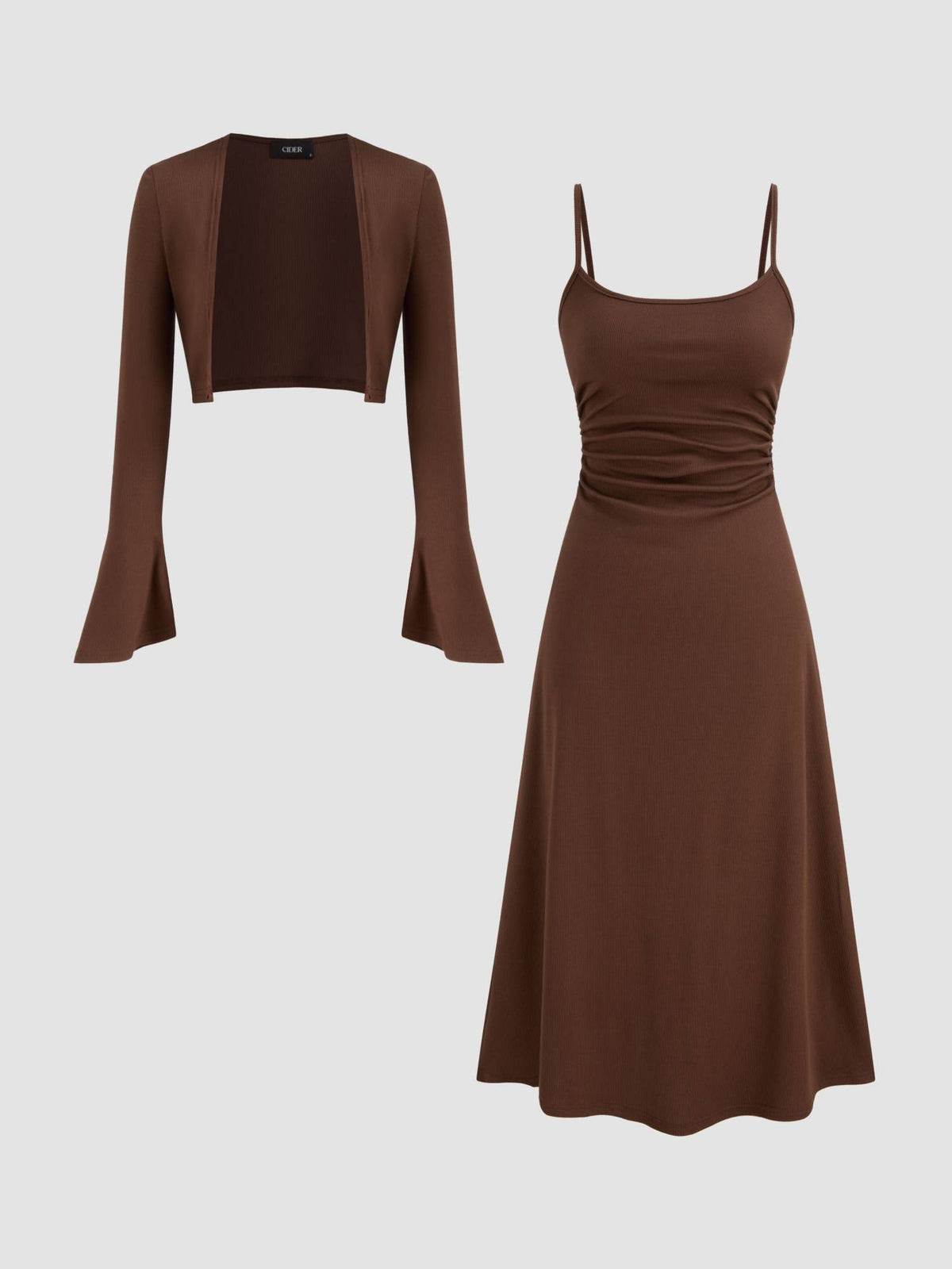 Ruched Solid Cami Maxi Dress & Solid Long Sleeve Shrug | D56 - view 20