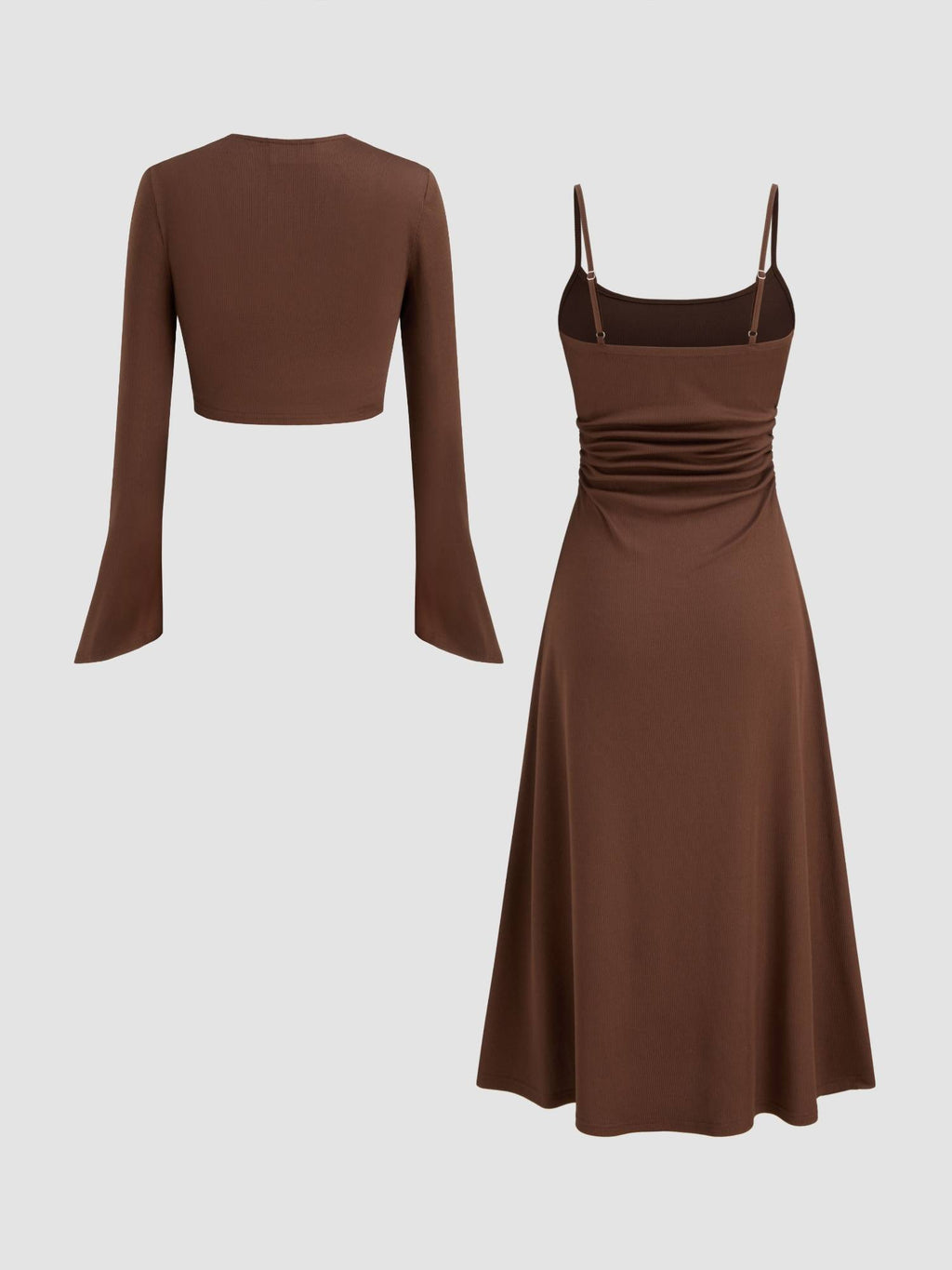 Ruched Solid Cami Maxi Dress & Solid Long Sleeve Shrug | D56 - view 21