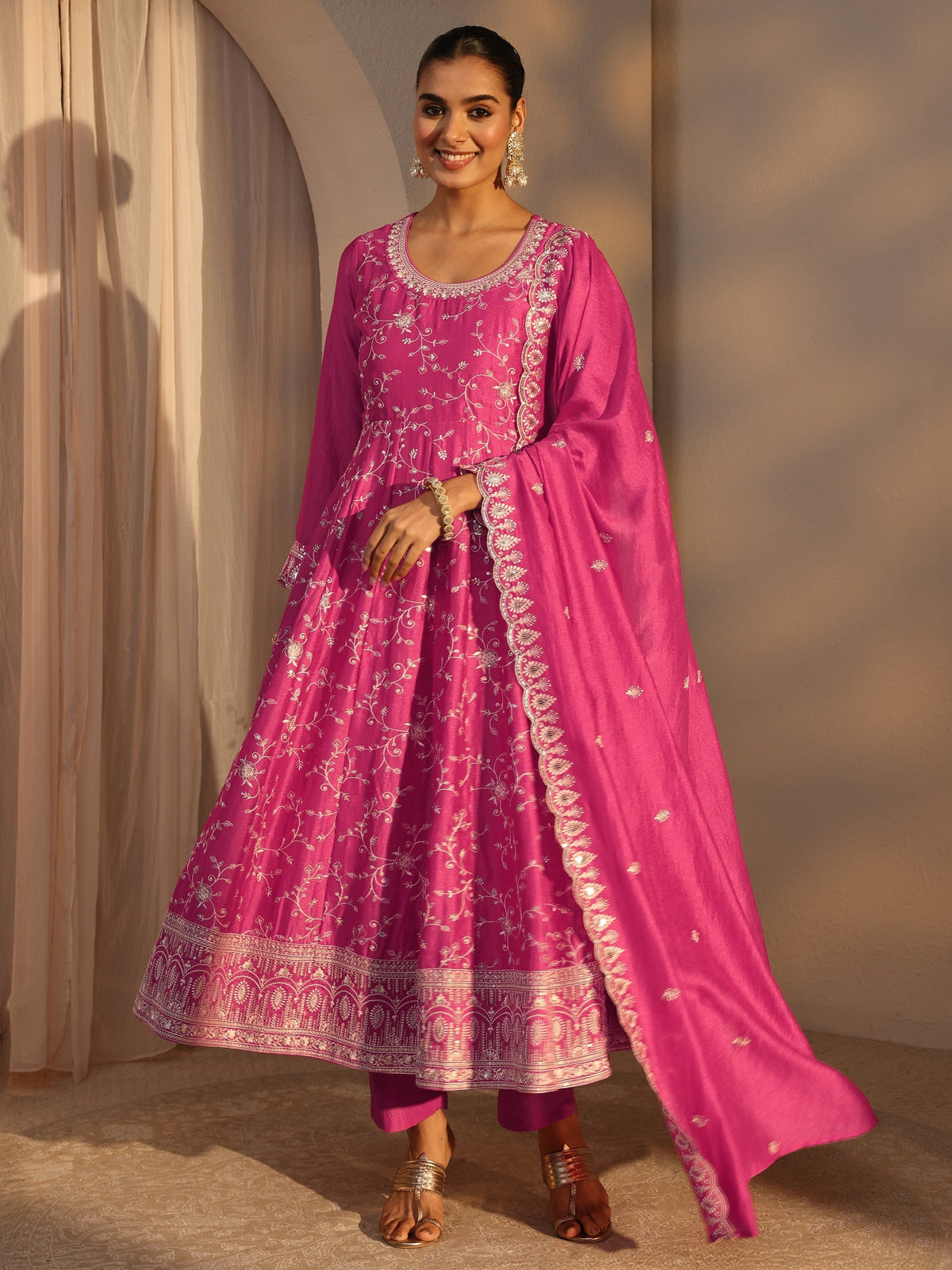 Libas Pink Floral Embroidered Silk Blend Straight Suit Set With Dupatta