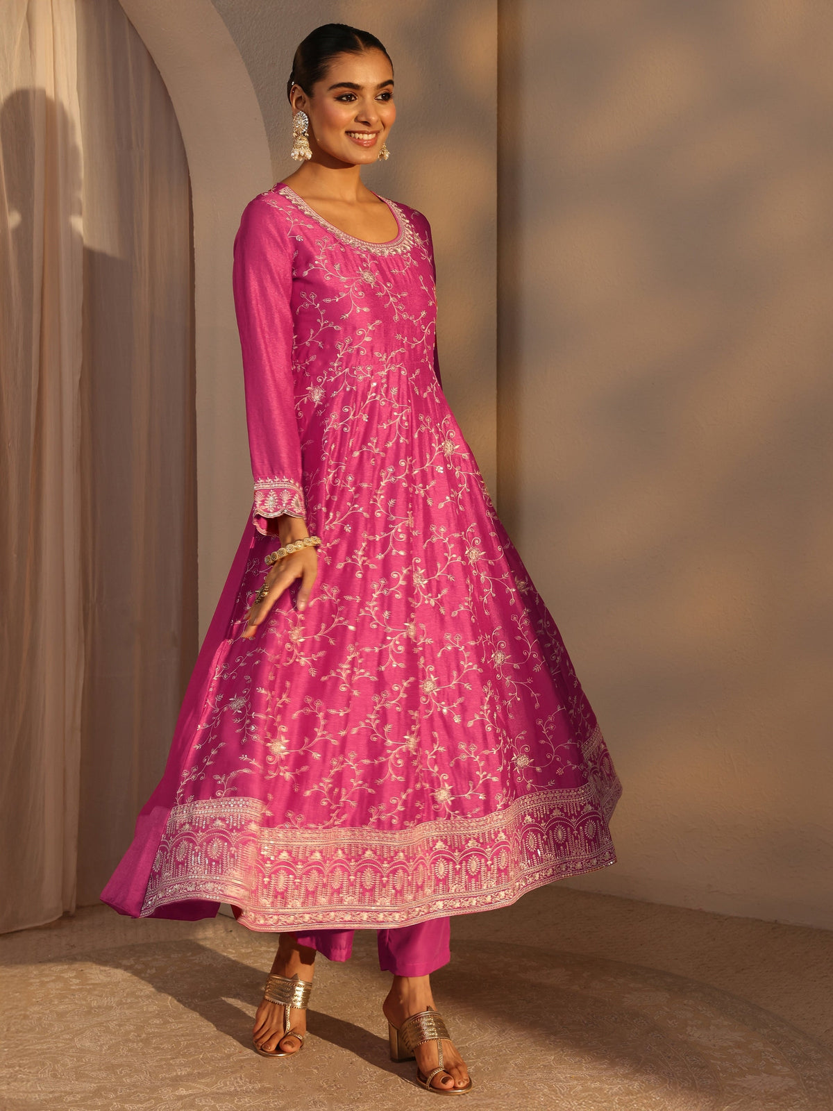 Libas Pink Floral Embroidered Silk Blend Straight Suit Set With Dupatta