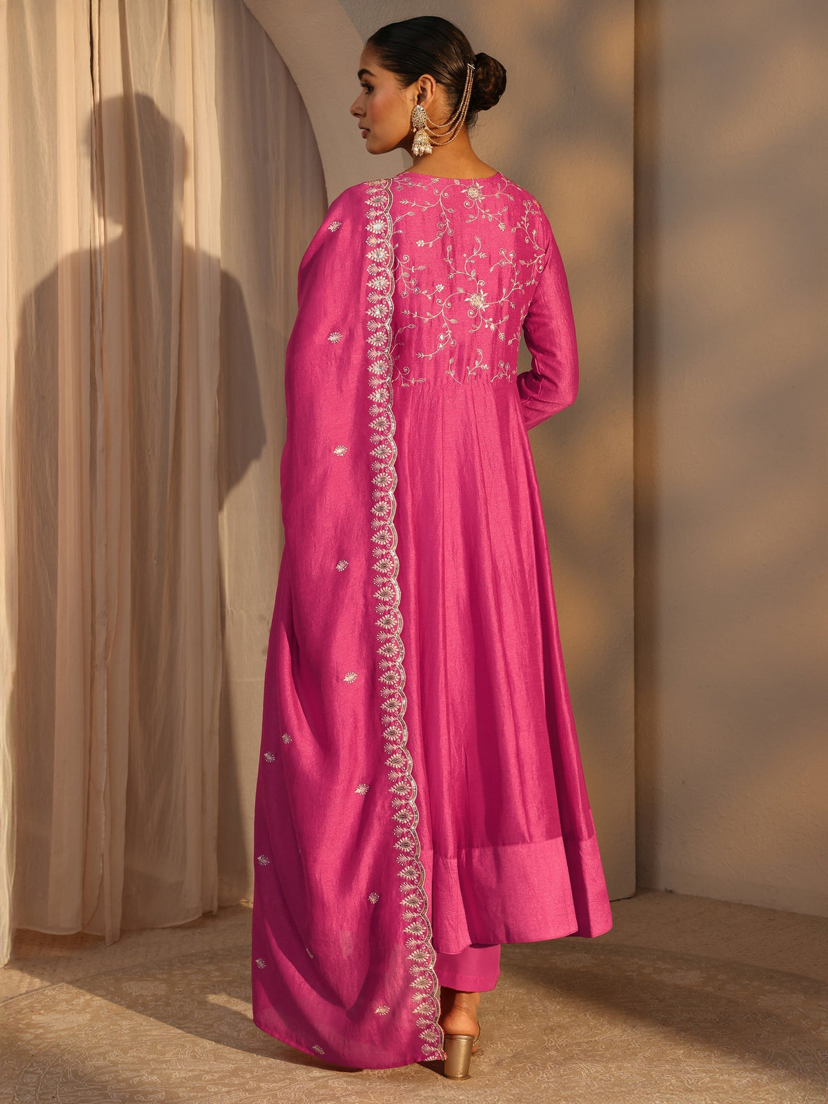Libas Pink Floral Embroidered Silk Blend Straight Suit Set With Dupatta