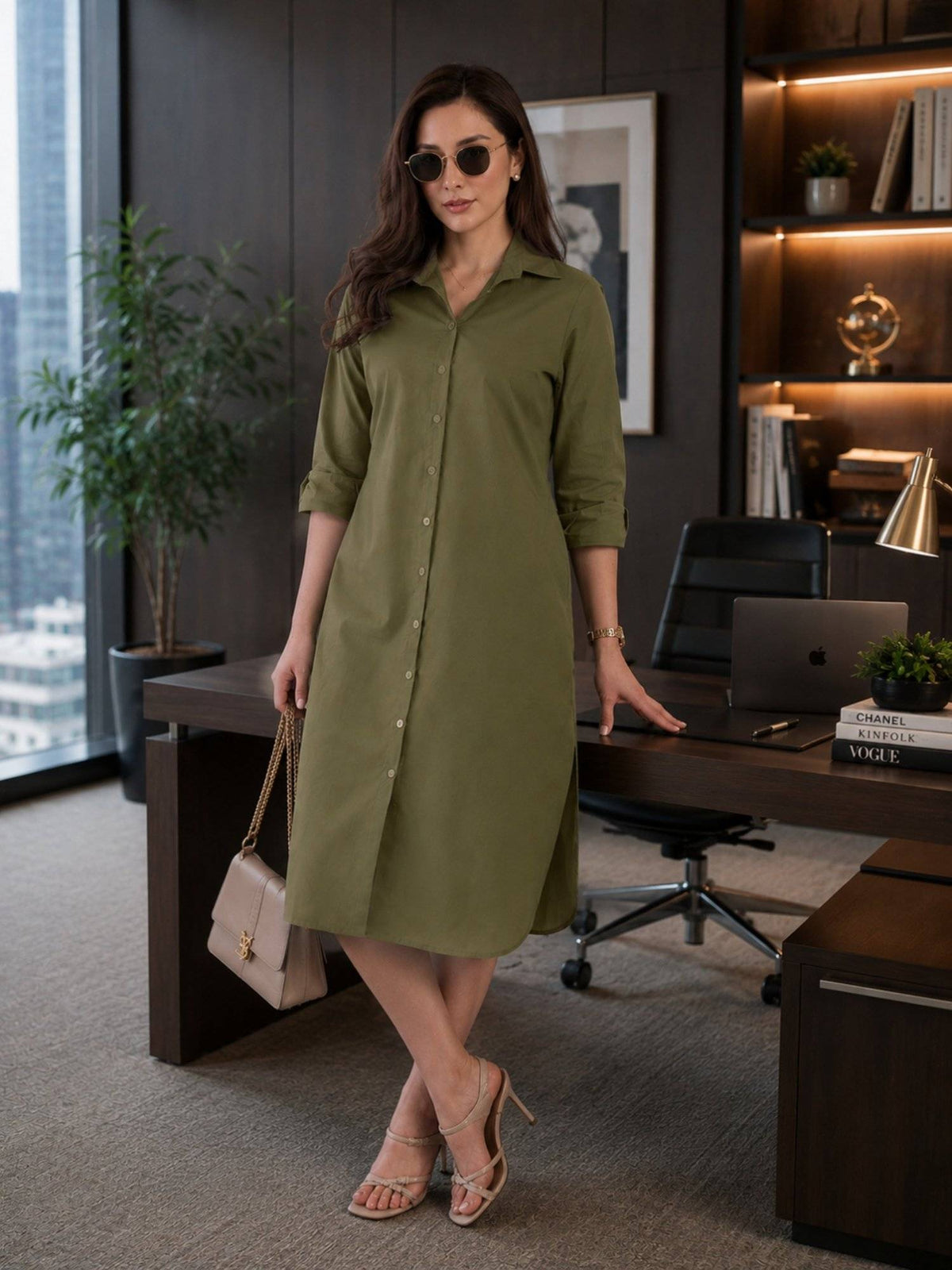 Women Green Side Silt Shirt Dress | D56 - view 1