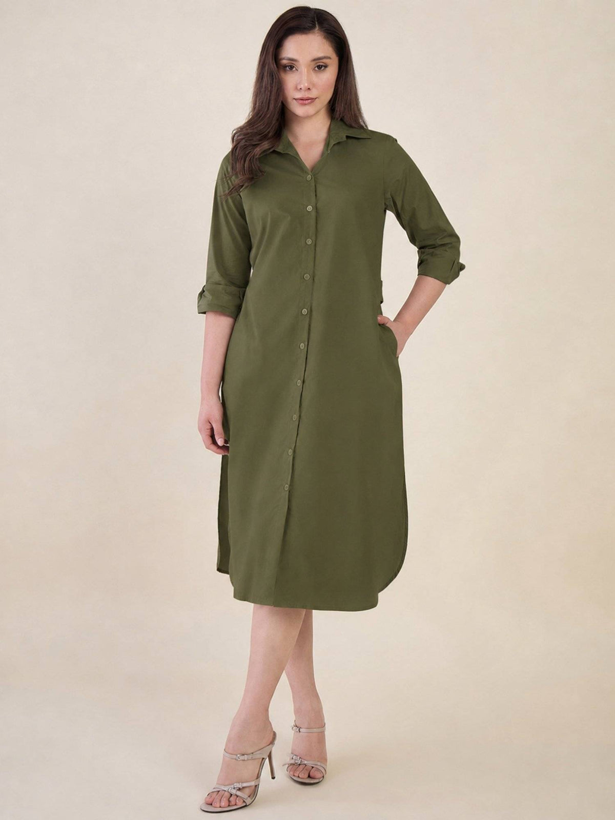 Women Green Side Silt Shirt Dress | D56 - view 2