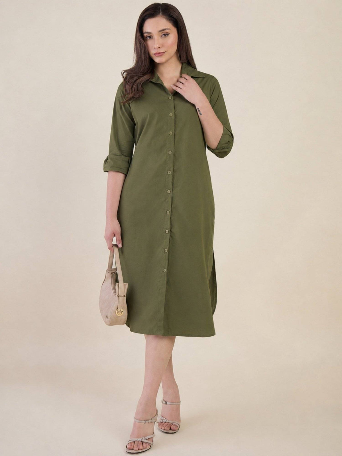 Women Green Side Silt Shirt Dress | D56 - view 3