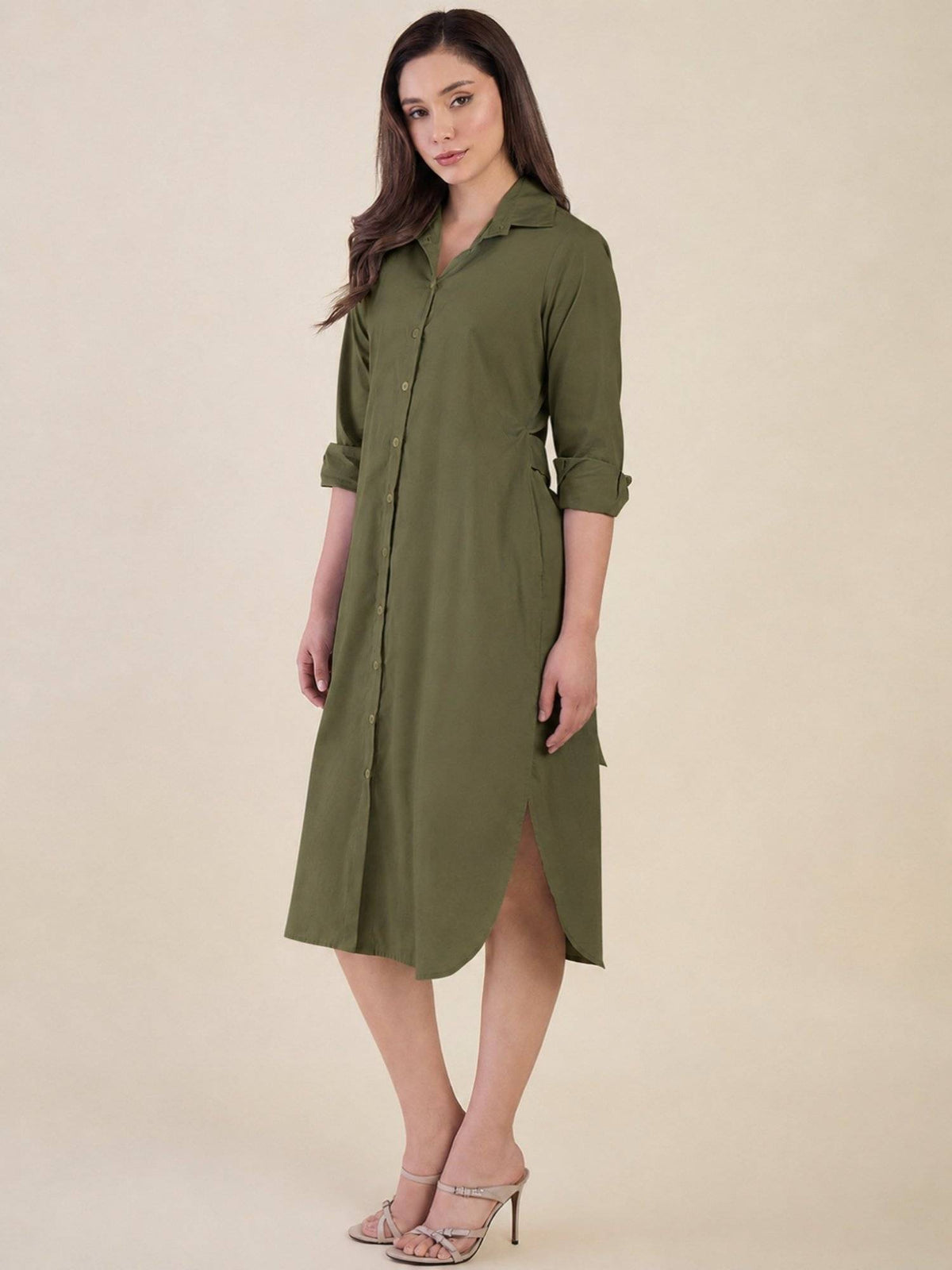 Women Green Side Silt Shirt Dress | D56 - view 4