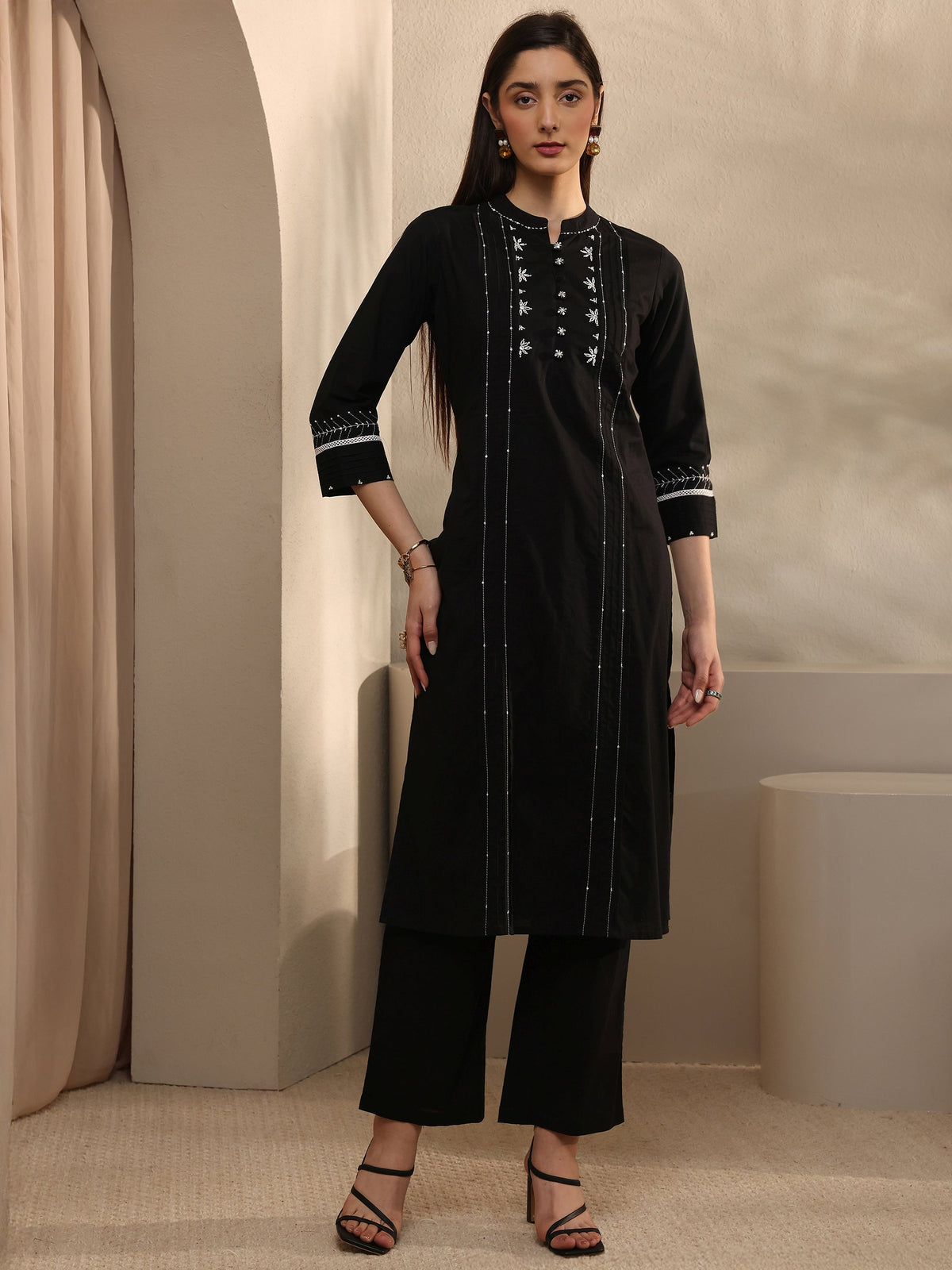 Libas Black Embroidered Cotton Straight Kurta Set