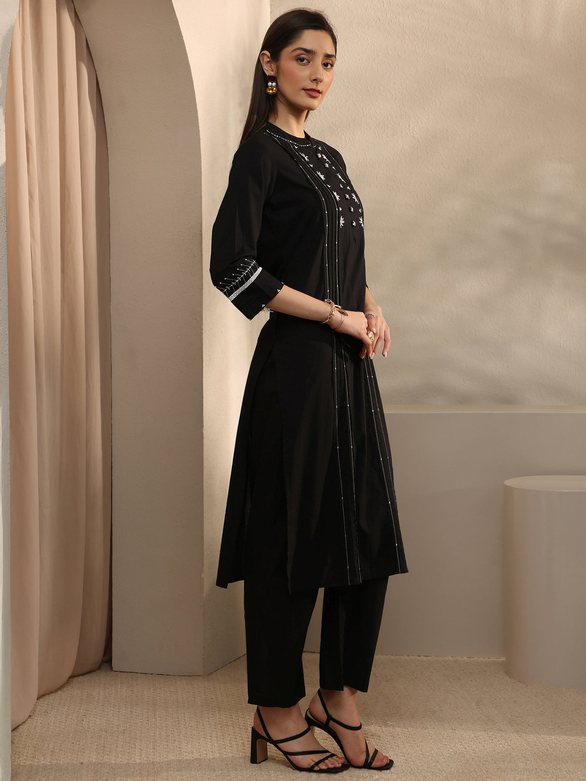 Libas Black Embroidered Cotton Straight Kurta Set