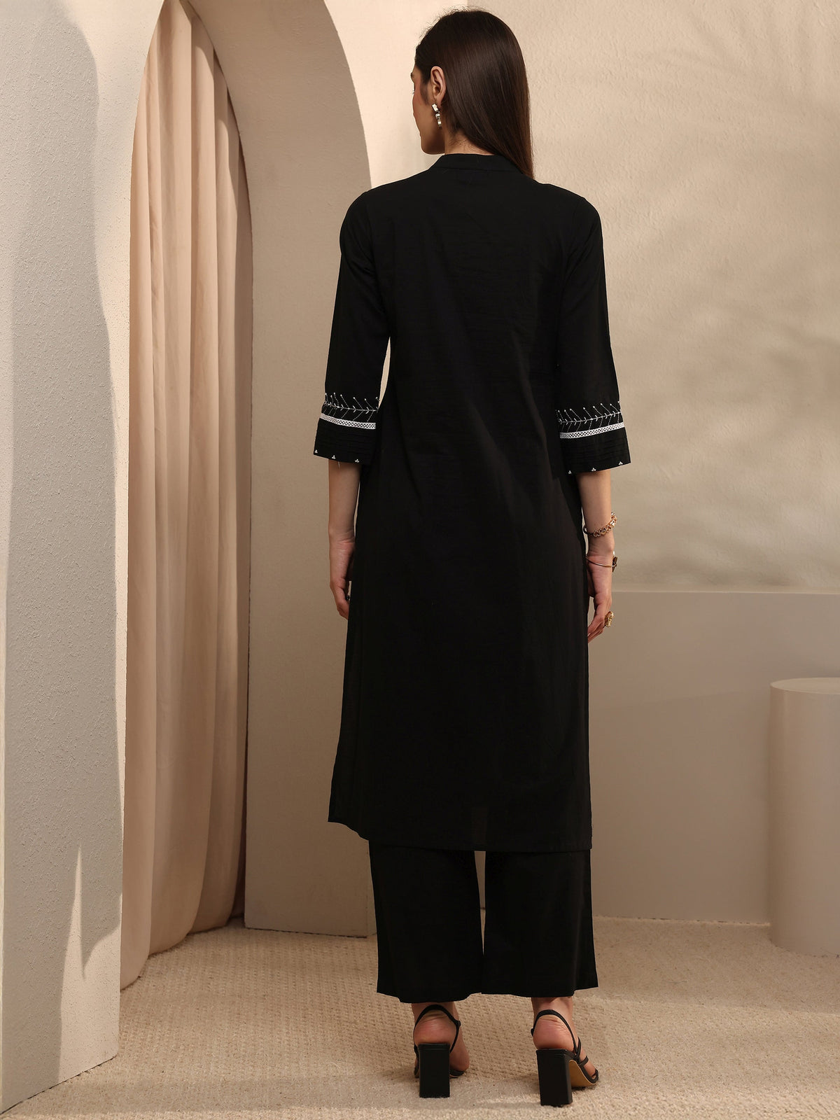 Libas Black Embroidered Cotton Straight Kurta Set