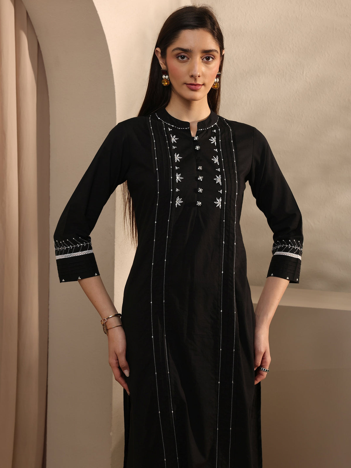 Libas Black Embroidered Cotton Straight Kurta Set