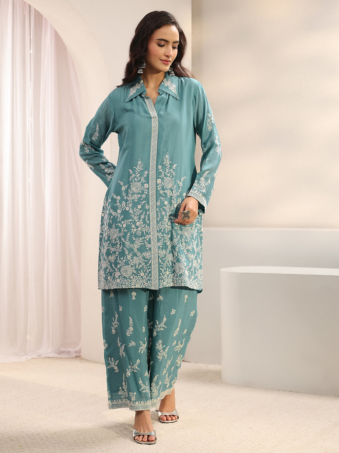 Libas Art Green Floral Embroidered Chinon Co-Ord Set CO87