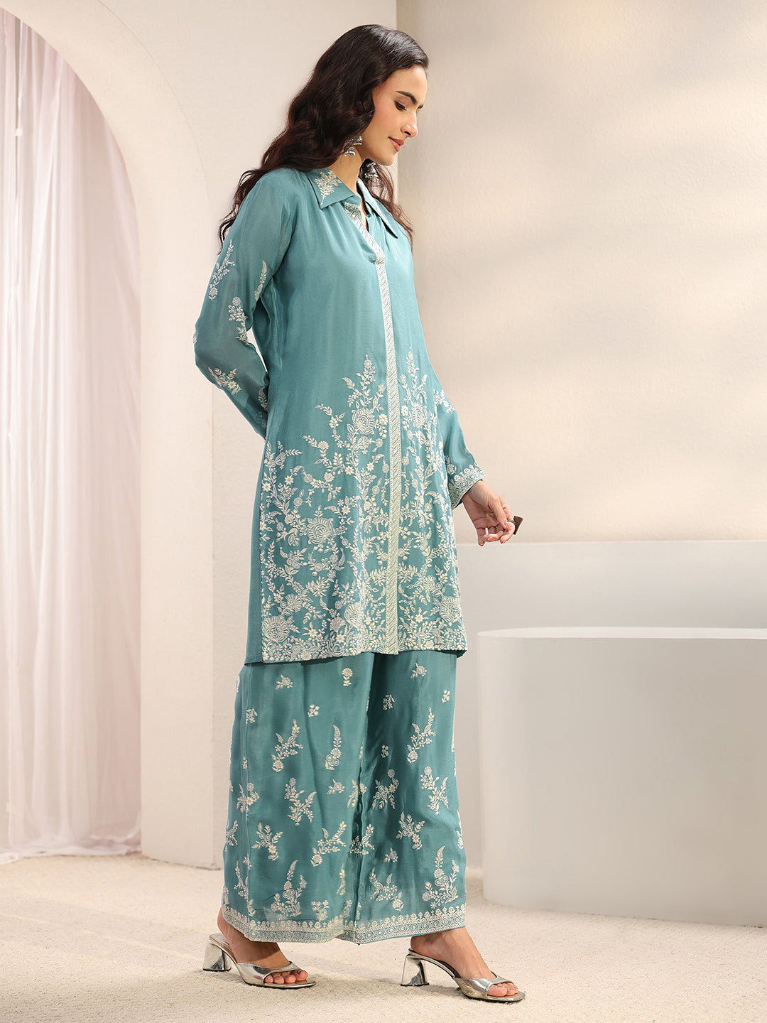Libas Art Green Floral Embroidered Chinon Co-Ord Set CO87