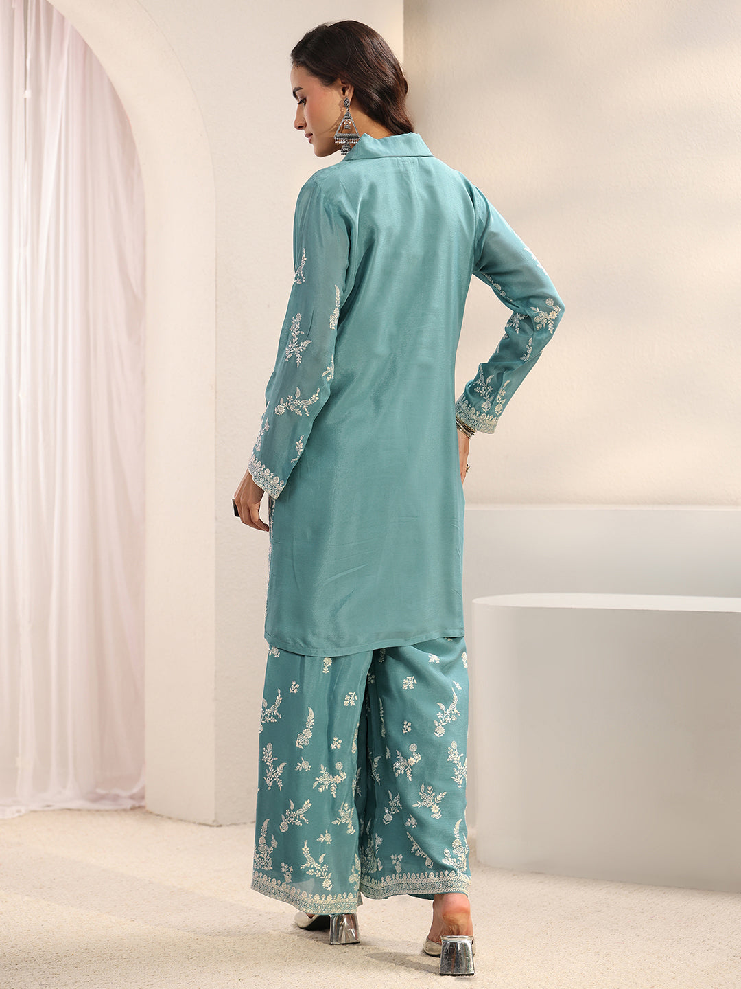 Libas Art Green Floral Embroidered Chinon Co-Ord Set CO87
