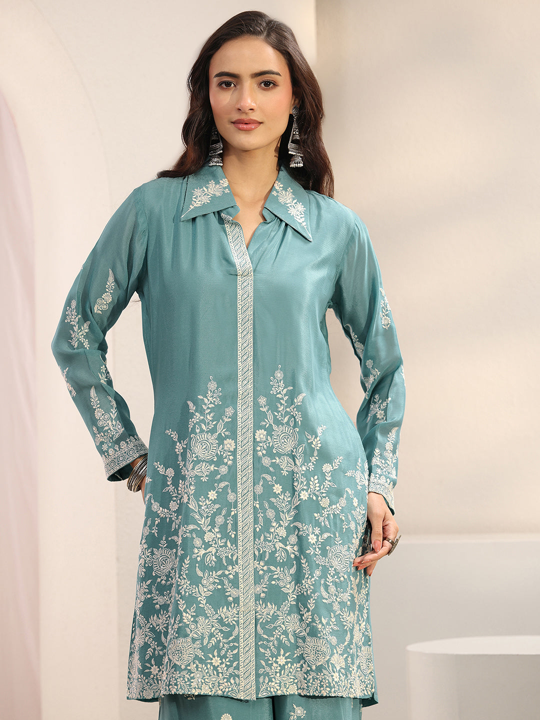 Libas Art Green Floral Embroidered Chinon Co-Ord Set CO87