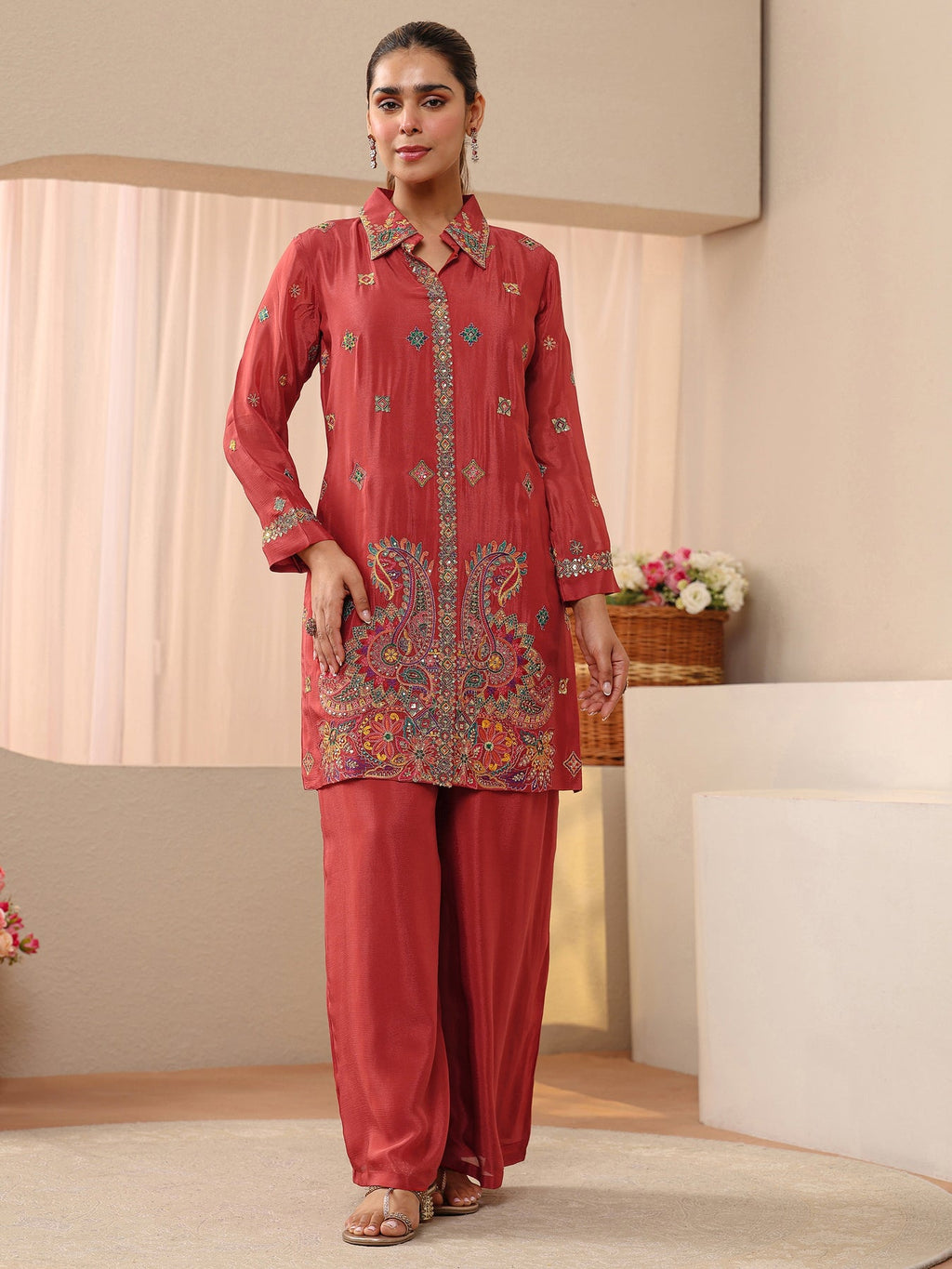 Libas Art Rust Ethnic Embroidered Crepe Co-Ord Set CO87