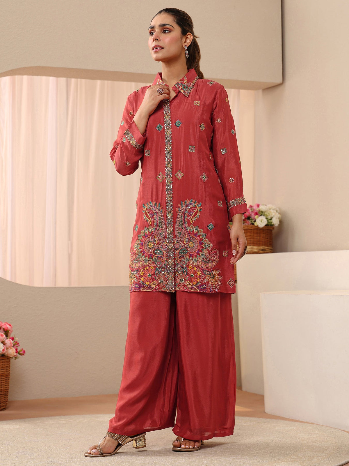 Libas Art Rust Ethnic Embroidered Crepe Co-Ord Set CO87