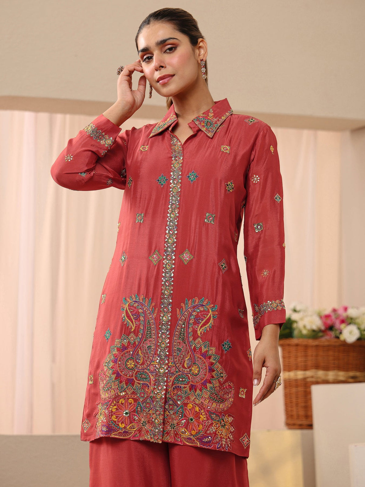 Libas Art Rust Ethnic Embroidered Crepe Co-Ord Set CO87