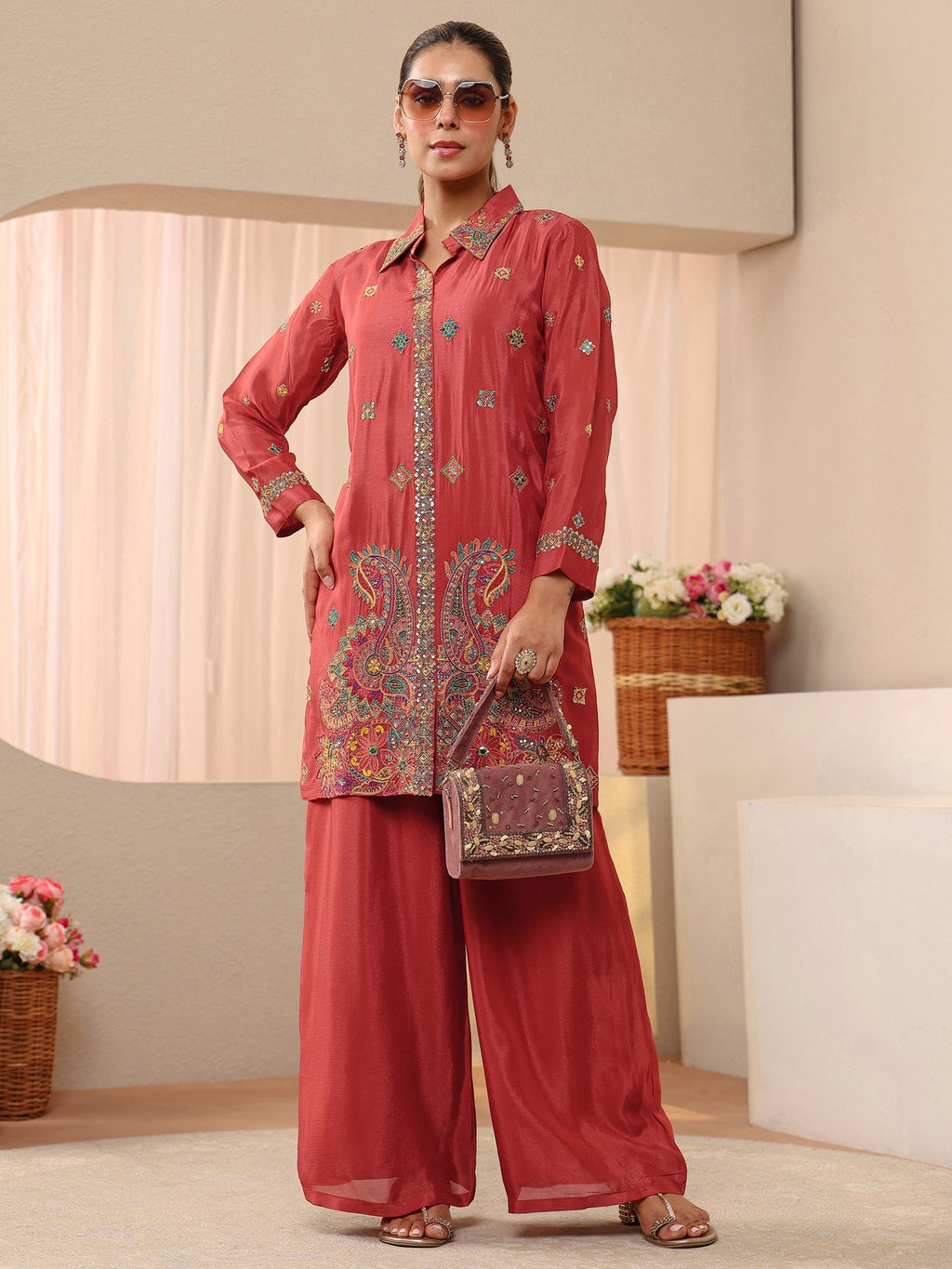Libas Art Rust Ethnic Embroidered Crepe Co-Ord Set CO87
